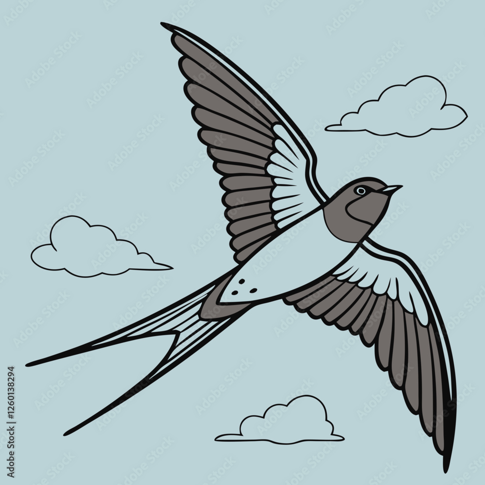 Fototapeta premium The Lives of Birds in Flight Swallows in mid-flight with detailed wingspans