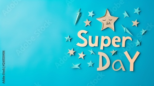 A playful design featuring the words Super Day surrounded by stars and lightning shapes on a vibrant blue background, evoking positivity and joy. AI generated.