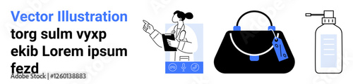 Female doctor pointing at medical file, a leather handbag with tags, sanitizer bottle. Ideal for healthcare, lifestyle, shopping, cleanliness, medical services, daily essentials flat landing page