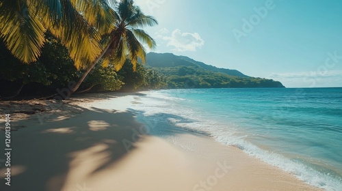 Fototapeta Naklejka Na Ścianę i Meble -  A stunning sunny tropical beach with smooth white sand, crystal-clear blue water, and lush palm trees casting shadows on the sand. 