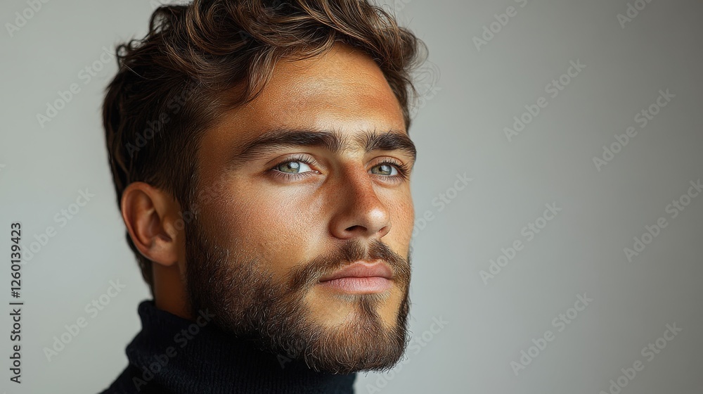 Obraz premium Young European man with a stylish black turtleneck on white background