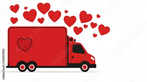 A red delivery truck adorned with hearts, conveying themes of love and affection, surrounded by floating heart shapes. photo