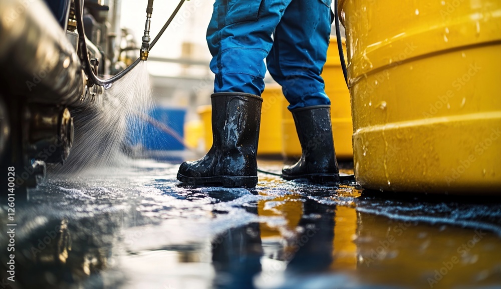 Worker in Boots Power Washes Industrial Equipment Outdoors with Water Spray, Cleaning Process, Safety Gear Worker in Boots Power Washes Industrial Equipment Outdoors with Water Spray, Cleaning Process, Safety Gear