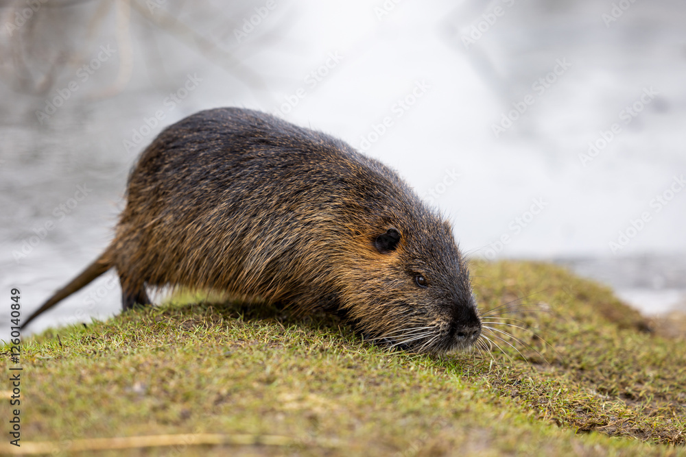 A nutria or coypu (Myocastor coypus) stands on the bank of a pond A nutria or coypu (Myocastor coypus) stands on the bank of a pond
