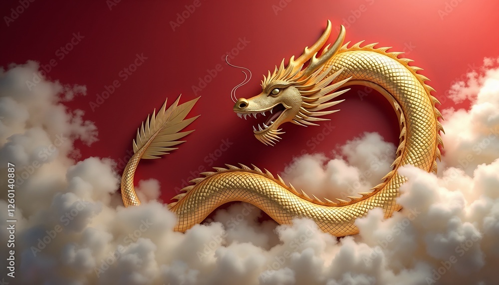 Fototapeta premium Mythical dragon and cloud background featuring a stylized golden dragon swirling through misty clouds on a deep red backdrop