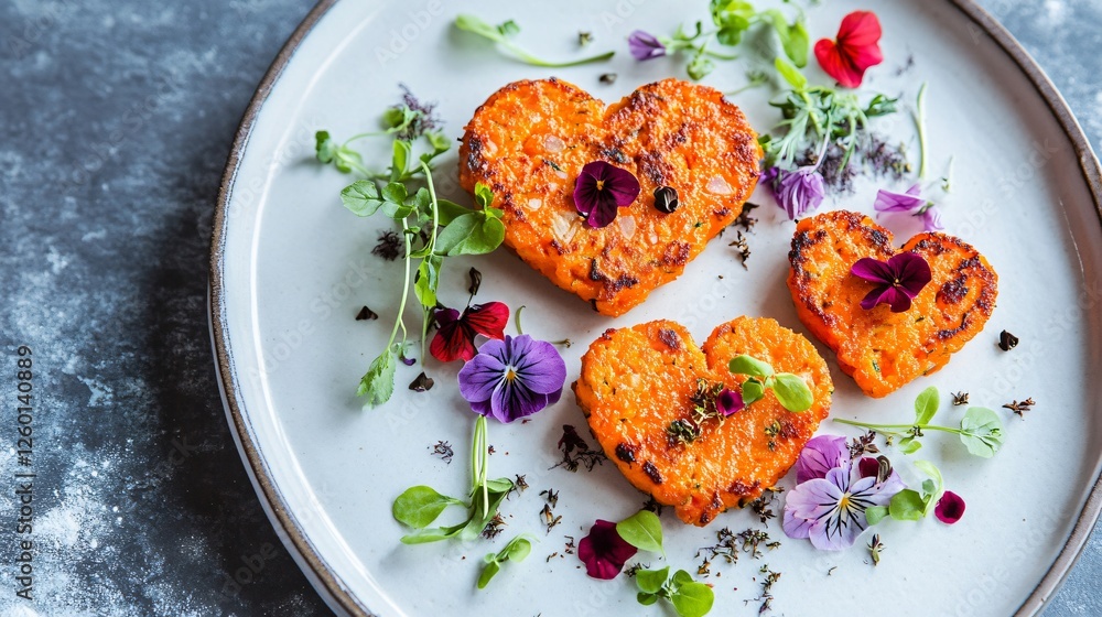 A romantic Valentine's Day breakfast with heart-shaped carrot and zucchini fritters, garnished with microgreens and edible flowers A romantic Valentine's Day breakfast with heart-shaped carrot and zucchini fritters, garnished with microgreens and edible flowers