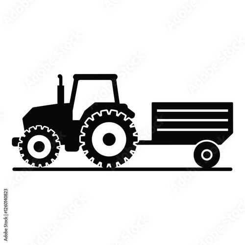 Simple black and white illustration of a tractor pulling a trailer.