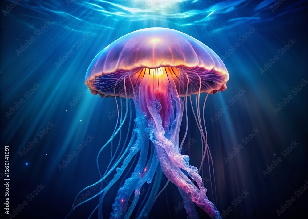 Ethereal Jellyfish Dance: Deep Ocean Bioluminescence Stock Photo Ethereal Jellyfish Dance: Deep Ocean Bioluminescence Stock Photo