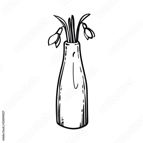 Hand drawn two snowdrops in a bottle like vase. Black outline of beautiful winter flowers isolated on a white background. Illustration for online and print projects.