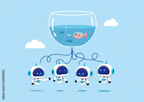 Robots think about fish bowl. Flat vector illustration.