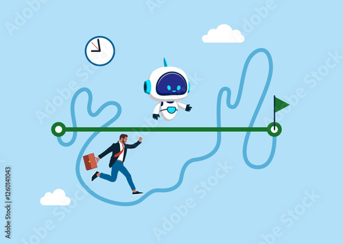 Businessmen competing with smart robot running on straight easy way and other on hard messy path.Easy or shortcut way to win business success or hard path and obstacle.