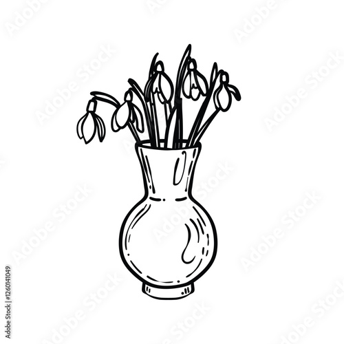 Hand drawn snowdrops bouquet in a vase. Black line art of beautiful winter flowers isolated on a white background. Illustration for online and print projects.