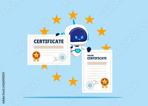 Robot holding or getting a certificate and award paper. prize and appreciation concept, best graduate, cum laude. Can be used for elements, landing pages, UI, characters