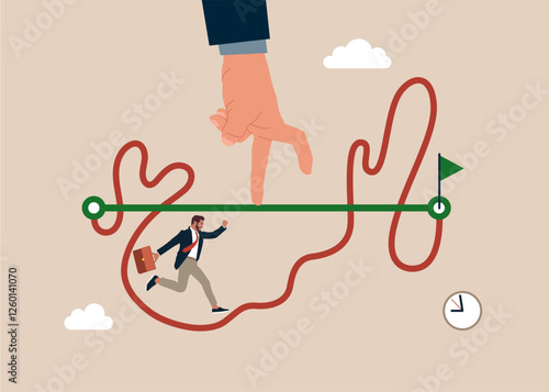 Businessman competing with hand running on straight easy way and other on hard messy path.Easy or shortcut way to win business success or hard path and obstacle.