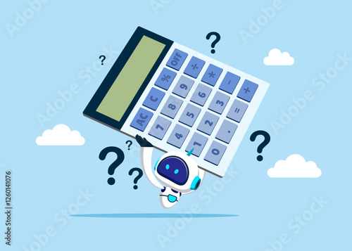 Robot holding a calculator thinking about calculations. Think about numbers. Loan calculation, budget allocation, expense and debt pay off or payment. Flat vector illustration