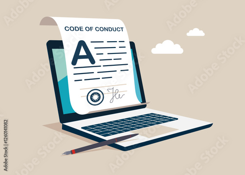 Code of conduct document. Ethical policy, regulation, principles guideline for work responsibility, compliance document. Flat vector illustration.