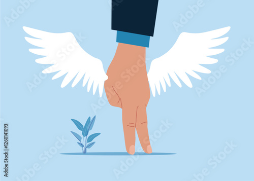 Dreams, hope for the future. Hand superhero are spreading wings, prepare to fly to goal. Flat vector illustration