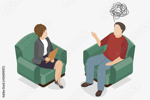 Psychologist talking with patient. Man with stress, depression or mental problem. Psychology therapy. Vector isometric illustration.