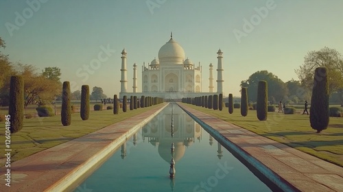 Taj Mahal sunrise, India, reflecting pool, tourists photo