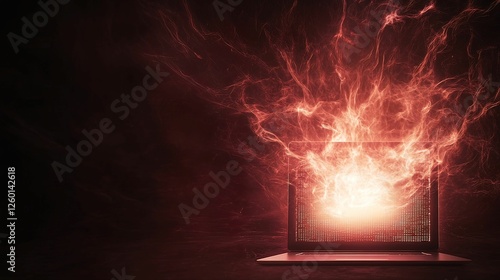 Glowing malware tendrils erupting from a laptop cybersecurity visualization dark environment high-contrast perspective