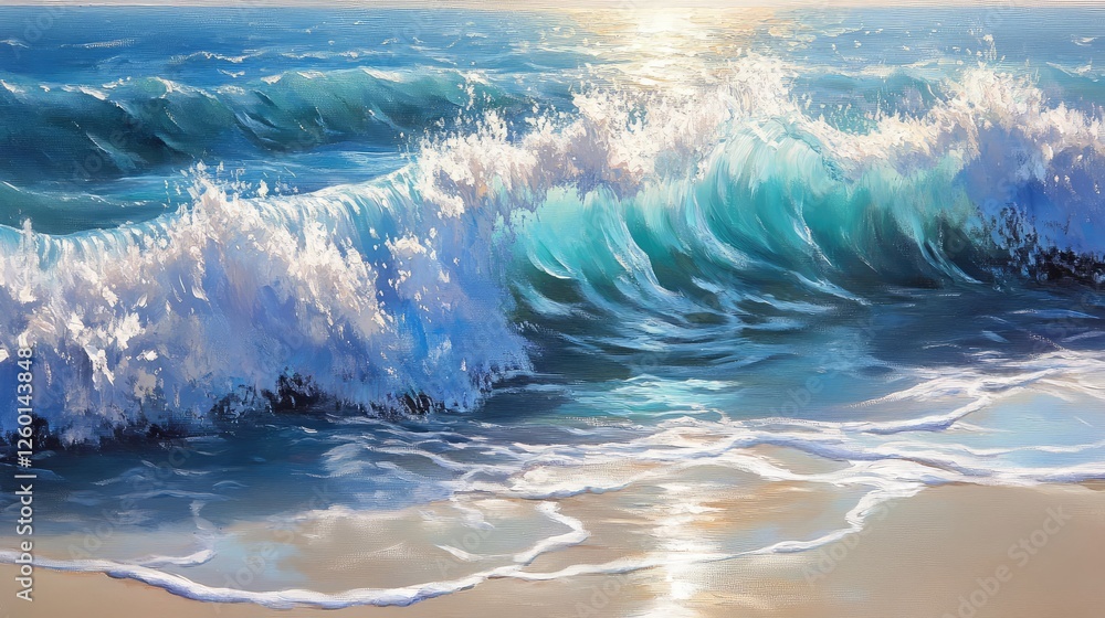 Fototapeta premium A turquoise ocean wave crashing gently onto a white sand beach, with sunlight reflecting off the water.