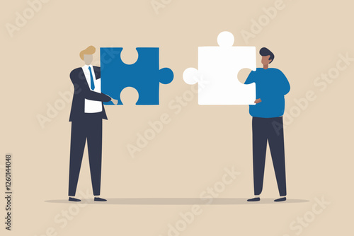 business people holding jigsaw puzzle cute cartoon businesspeople with puzzle on blue background