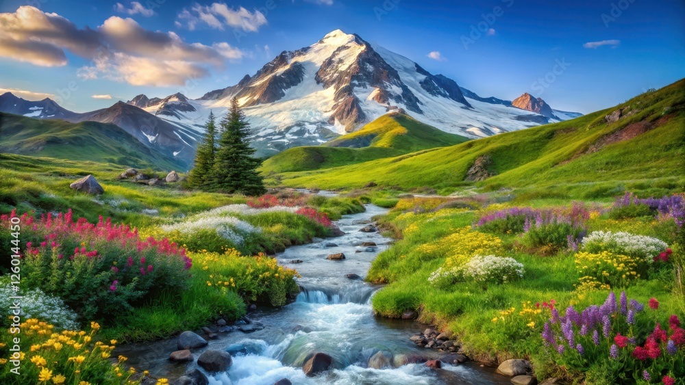 Fototapeta premium Serene landscape of snow-capped peak with a gentle meandering stream running through it amidst vibrant wildflowers, peaceful scene, serene landscape