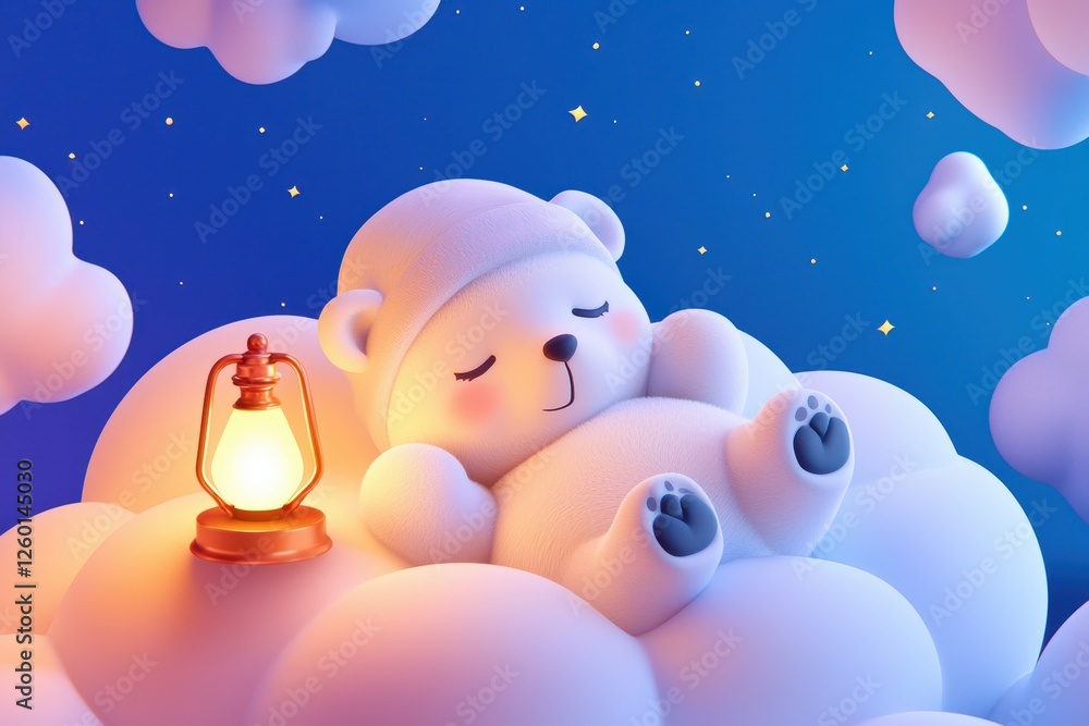Dreamy bear sleeping on clouds with lantern night sky digital art whimsical cozy scene Dreamy bear sleeping on clouds with lantern night sky digital art whimsical cozy scene