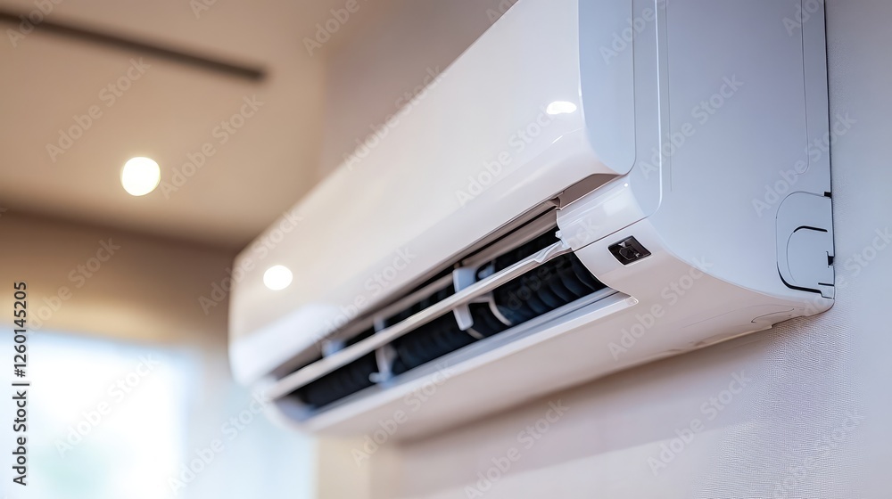 Fototapeta premium A wall-mounted air conditioner in a modern home setting, with a spacious background for design elements.