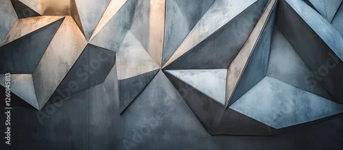 Fototapeta samoprzylepna Modern interior wall featuring metallic geometric elements in cool gray tones with sharp angles and soft lighting highlighting the architectural design