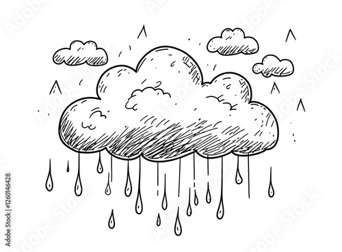 Hand-Drawn Cartoon Rain Cloud Line Art on white & transparent photo