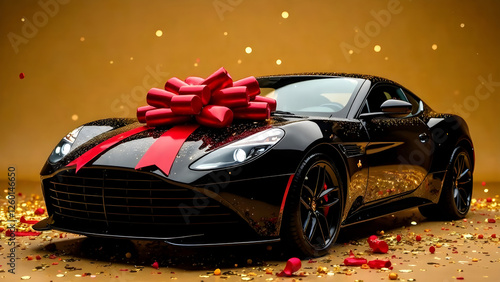 Black car with a red gift bow on top on a gold background. Car as a gift. High quality photo