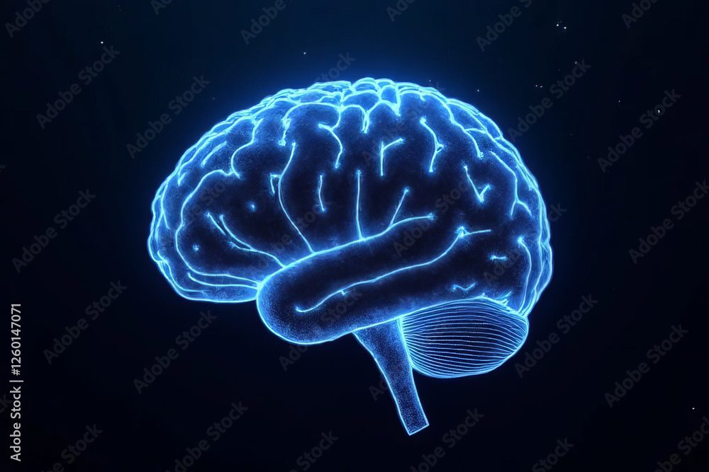 glowing blue brain illustration on dark background, symbolizing intelligence and creativity glowing blue brain illustration on dark background, symbolizing intelligence and creativity