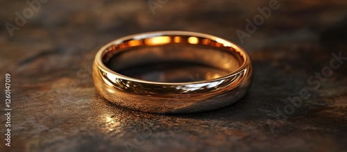 Elegant handmade gold wedding ring on a textured stone surface, featuring a polished shiny finish with warm golden hues and smooth curves. photo