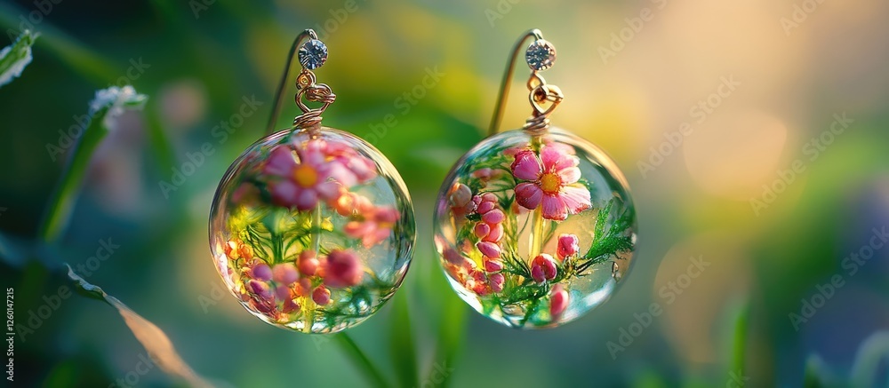 Obraz premium Colorful epoxy resin earrings with embedded flowers and plants, suspended in lush greenery with a soft blurred background, exuding natural elegance.