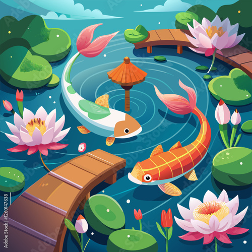 Beautiful Koi Fish Swimming in a Lotus Pond – Vibrant Nature Illustration