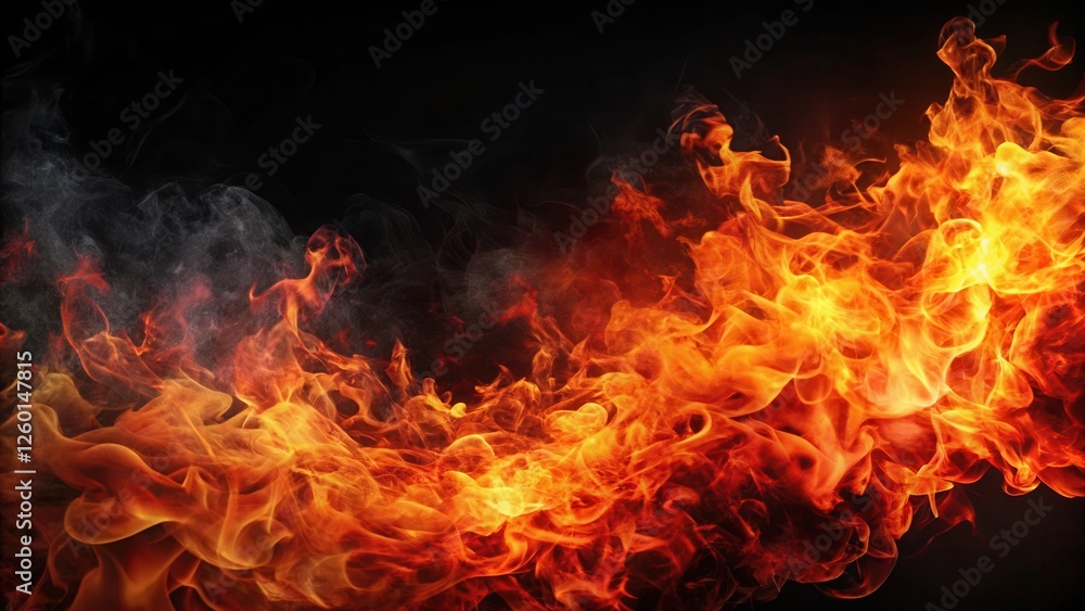 Fiery flames erupting on a dark black background with red orange hues, fire, blaze Fiery flames erupting on a dark black background with red orange hues, fire, blaze