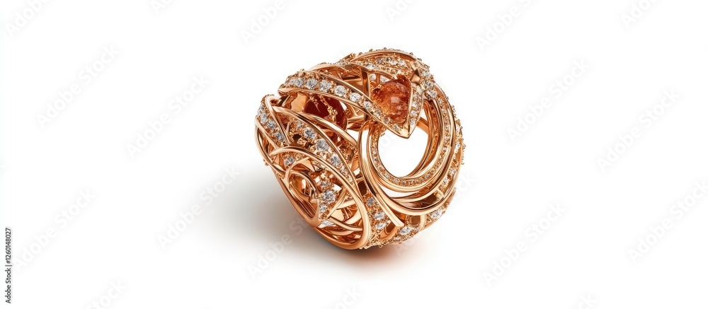 Rose gold ornate ring with intricate design and sparkling diamonds against a plain white background showcasing elegance and luxury. Rose gold ornate ring with intricate design and sparkling diamonds against a plain white background showcasing elegance and luxury.
