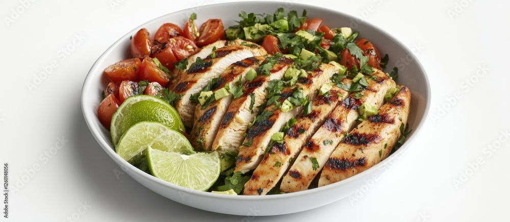 Grilled chicken breast slices arranged in a bowl with vibrant red tomatoes, creamy avocado, fresh green herbs, and lime wedges on a light background Grilled chicken breast slices arranged in a bowl with vibrant red tomatoes, creamy avocado, fresh green herbs, and lime wedges on a light background