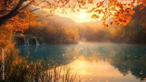 Autumn sunrise over misty lake and waterfall