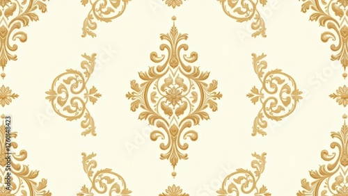 Elegant gold damask pattern on a cream background.  This seamless design features intricate swirls and floral motifs, perfect for luxurious designs.