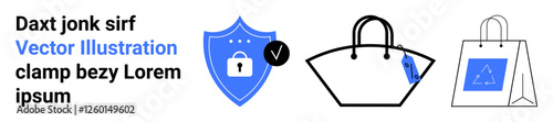 Shield with lock for security, handbag with tag, and shopping bag highlight safe online transactions. Ideal for privacy, security, shopping, e-commerce, branding, fashion flat landing page banner