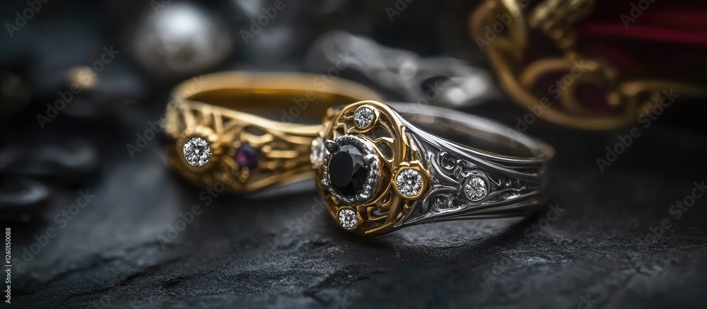Intricate gold and silver rings with gemstones on a dark stone surface, featuring ornate designs and a dramatic lighting backdrop. Intricate gold and silver rings with gemstones on a dark stone surface, featuring ornate designs and a dramatic lighting backdrop.