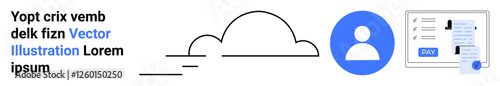 Cloud outline, blue user circle, and document interface with profile details emphasize data access, identity, and creation. Ideal for networking, storage, accounts, apps media and abstract line