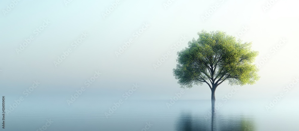 Lone green deciduous tree with soft leaves on serene misty background reflected in water creating tranquil atmosphere and peaceful composition Lone green deciduous tree with soft leaves on serene misty background reflected in water creating tranquil atmosphere and peaceful composition