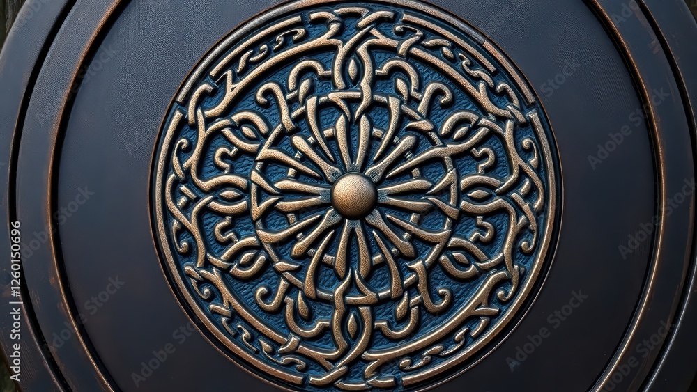 Intricate, decorative, circular design with a brass-like finish on a black background. The design features a complex pattern of intertwined elements and a central dot. Intricate, decorative, circular design with a brass-like finish on a black background. The design features a complex pattern of intertwined elements and a central dot.