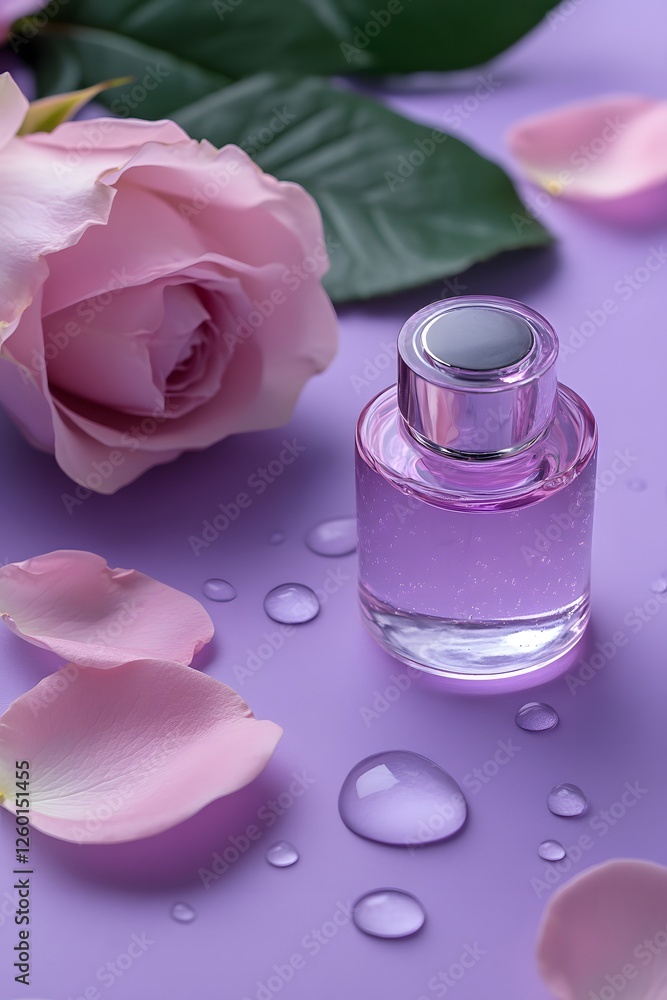 Rose perfume bottle, petals, leaves, purple background, advertising Rose perfume bottle, petals, leaves, purple background, advertising