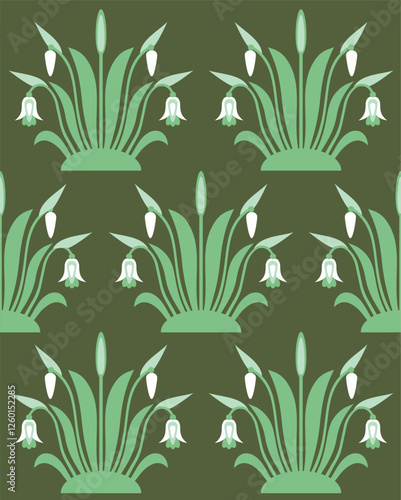 Seamless pattern with white snowdrop flowers on a green background. Vector illustration.