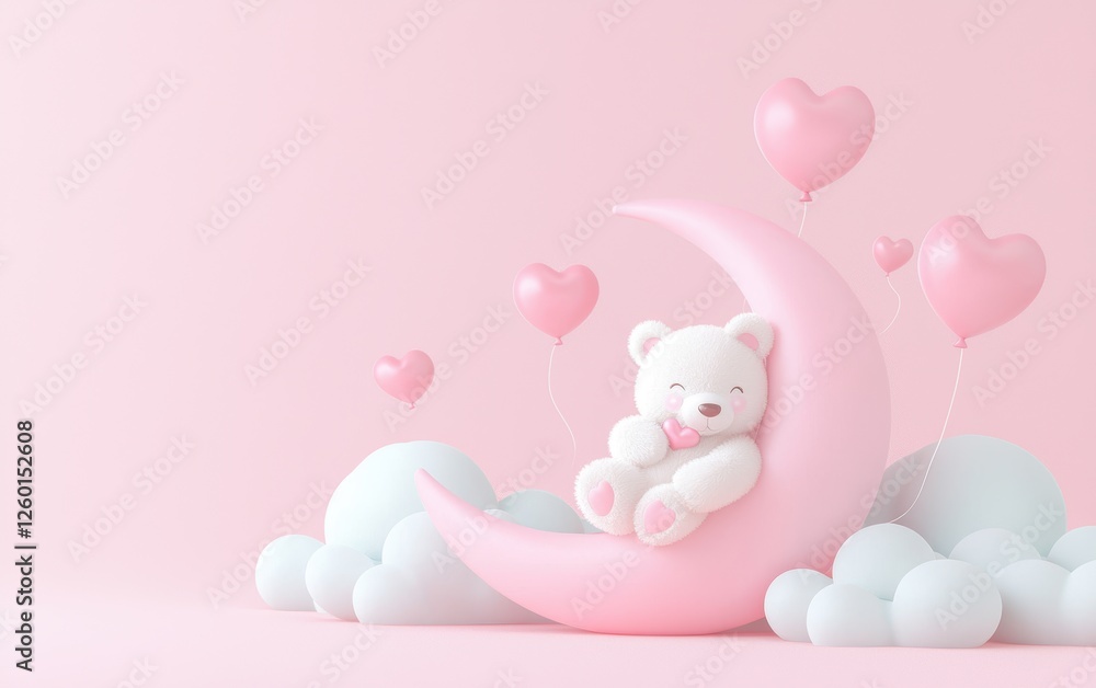 Cute teddy bear surrounded by hearts on a moon soft pink background digital art whimsical atmosphere playful viewpoint Cute teddy bear surrounded by hearts on a moon soft pink background digital art whimsical atmosphere playful viewpoint
