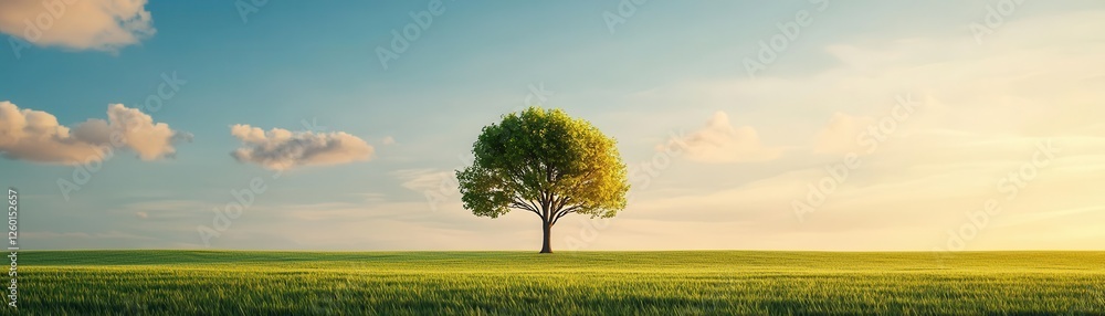 Fototapeta premium Lone tree in a vibrant green field under a clear blue sky at sunset.